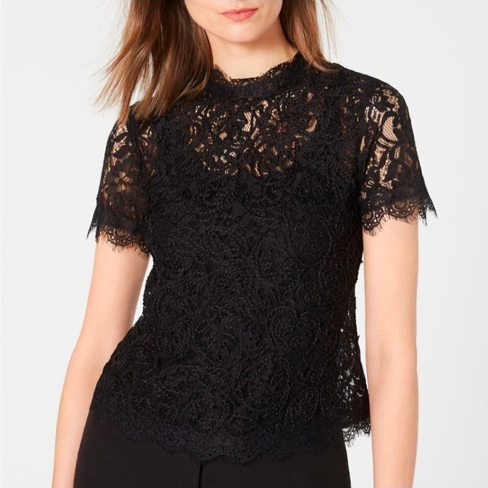 Anne Klein Black Lace Scalloped Trim Back Zip Short Sleeve Top, Women's M NWOT